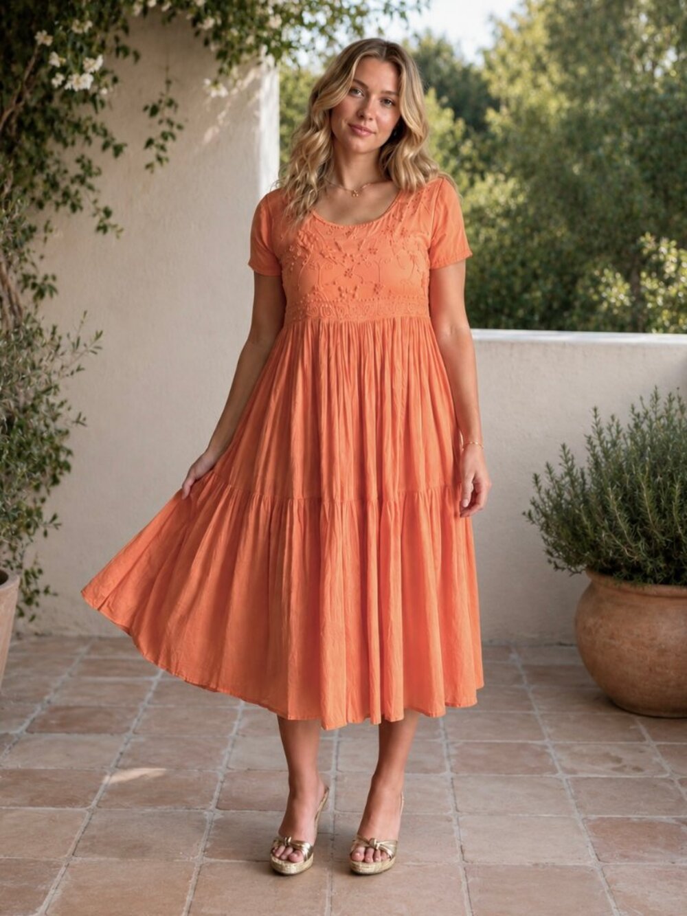 FADS Vintage Salmon Orange Cotton Gauze Embroidered Tiered Midi Dress, X